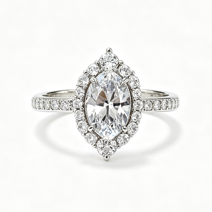 Marquise Cut Halo Diamond Engagement Ring, S925 Silver Paved Band Ring