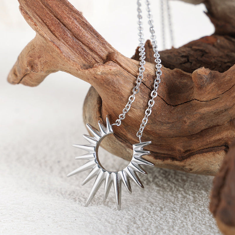 Crescent Sunburst Dainty Pendant Necklace, 18K Gold Silver Minimal Solar Collarbone Chain