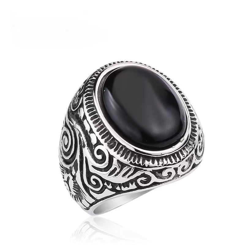Vintage Carved Signet Ring, Oval Turquoise &amp; Black Onyx Gemstone Men’s Statement Ring