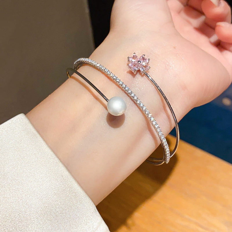 Pink Flower Diamond & Pearl Double Layer Open Cuff Bangle, Elegant Stackable Wrist Bracelet for Women