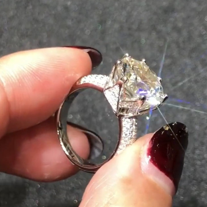 8-Prong Round Giant Diamond Statement Ring, Double Row Pave Wide Cocktail Ring