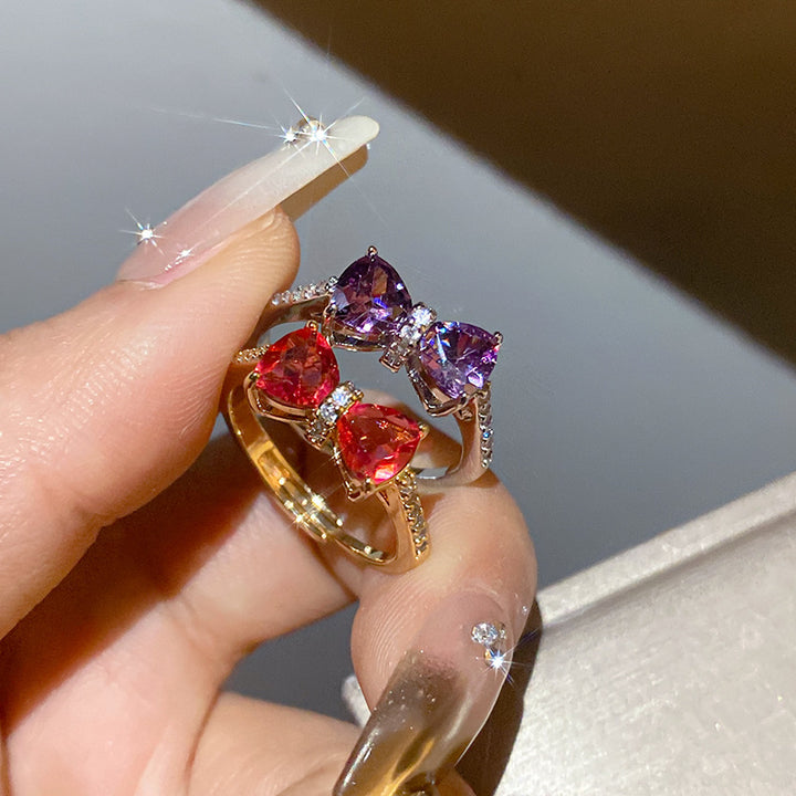 Bow‑Shaped Heart Gem & Diamond Adjustable Open Ring, Elegant Color Statement Ring for Women