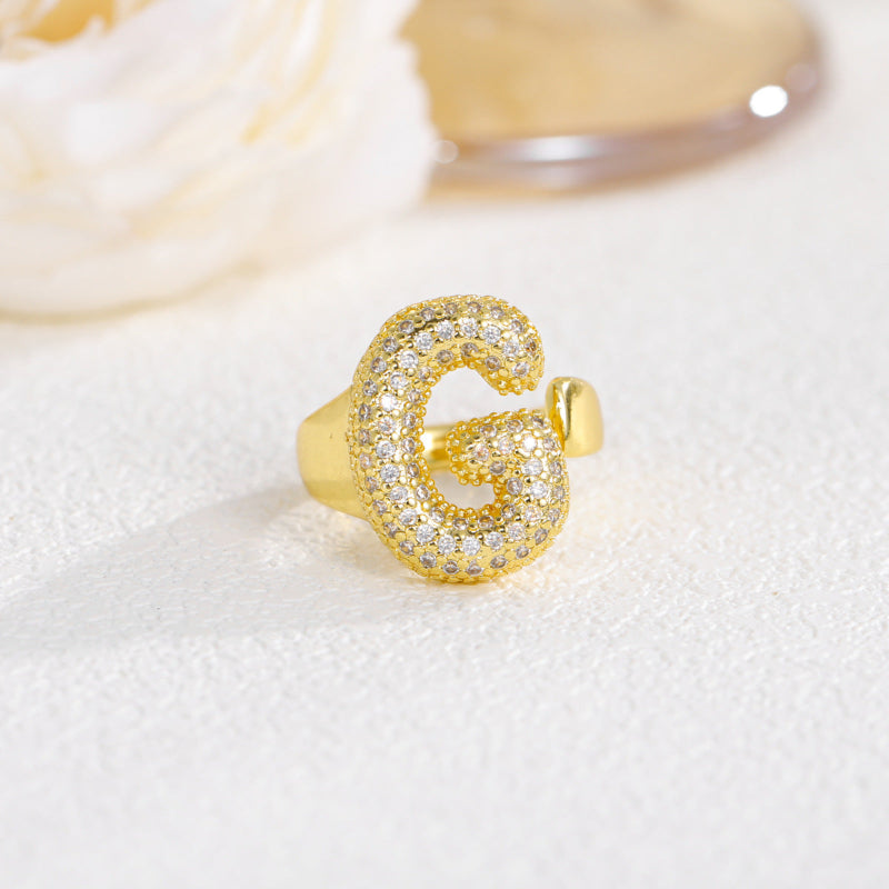 Adjustable Open Iced‑Out Initial Letter Diamond Ring, 26‑Alphabet Statement Unique Style Ring