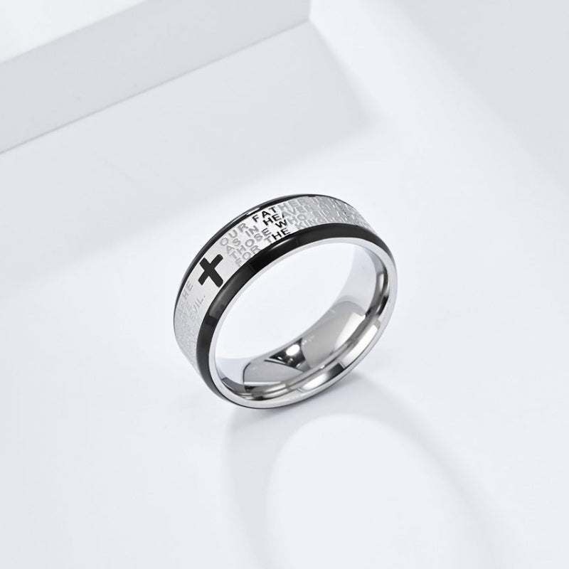 Men’s Cross Engraved Text Band Ring, Multi‑Color Edge Faith Style Ring