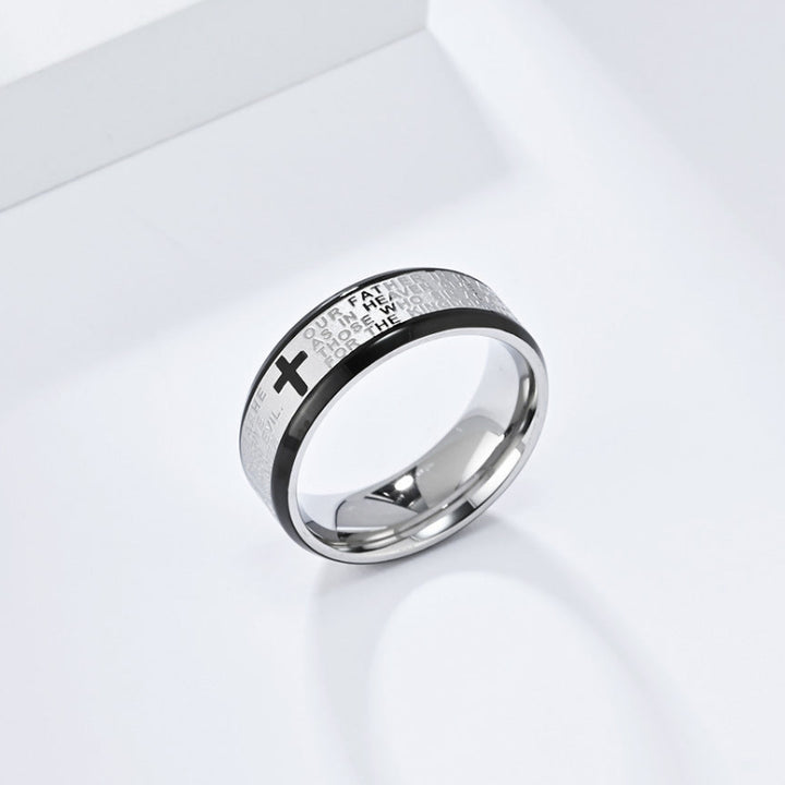 Men’s Cross Engraved Text Band Ring, Multi‑Color Edge Faith Style Ring