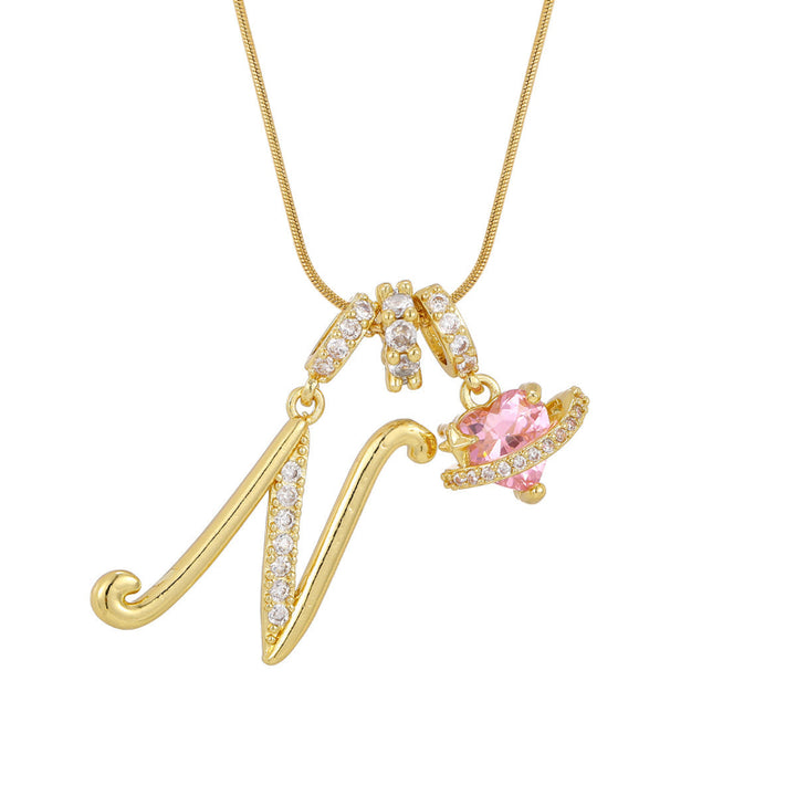 26 Letters Cursive Initial Pink Heart Planet Charm Gold Snake Chain Necklace
