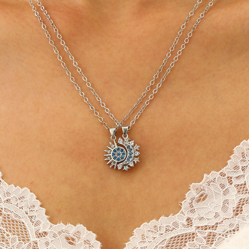 Magnetic Interlocking Sun Moon Star Couple Matching Pendant Necklace, His & Her Split Pair Spiritual Necklace