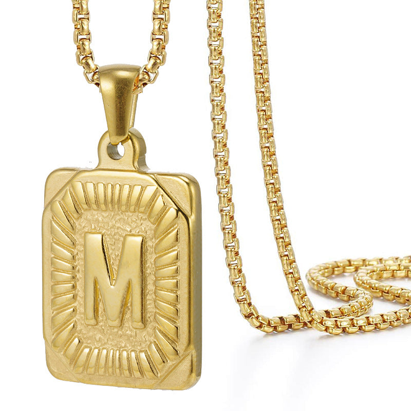 A-Z Vintage Sunburst Initial Tag Pendant Necklace, Personalized Men Women Hip Hop Stackable Statement Jewelry
