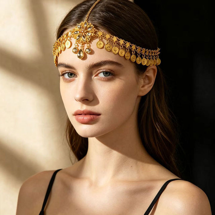 Vintage Boho Coin Gems Head Chain, Retro Tassel Forehead Headpiece for Women
