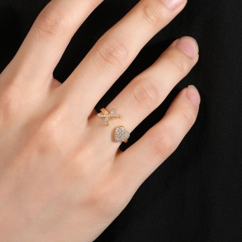 26‑Letter Open Cuff Ring, Paved Diamond Initial &amp; Heart Adjustable Statement Ring