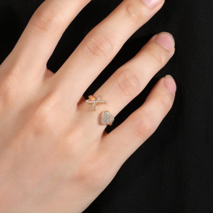 26‑Letter Open Cuff Ring, Paved Diamond Initial &amp; Heart Adjustable Statement Ring