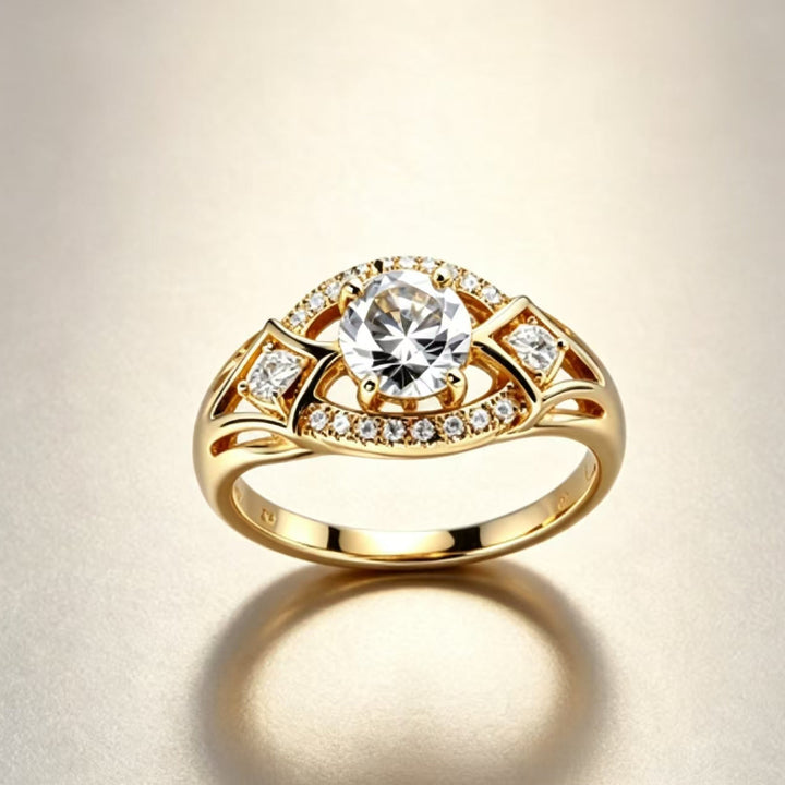 Vintage Open‑Work Multi‑Cut Diamond Promise Ring, Gold Tone Women’s Statement Ring