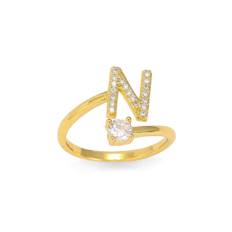 26 Letters Pave Initial Open Ring, Dainty Personalized Stackable Signet Ring
