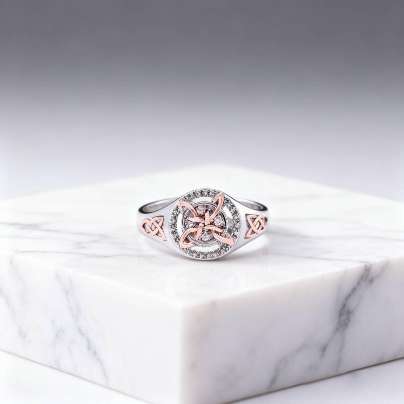 Two‑Tone Celtic Knot Halo Gem Statement Ring, Rose Gold & Silver Hollow Openwork Ring