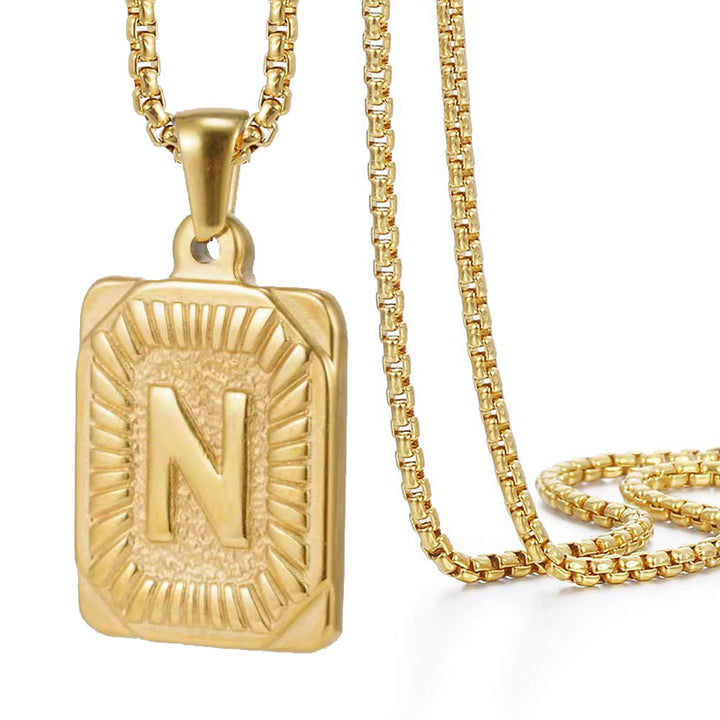 A-Z Vintage Sunburst Initial Tag Pendant Necklace, Personalized Men Women Hip Hop Stackable Statement Jewelry