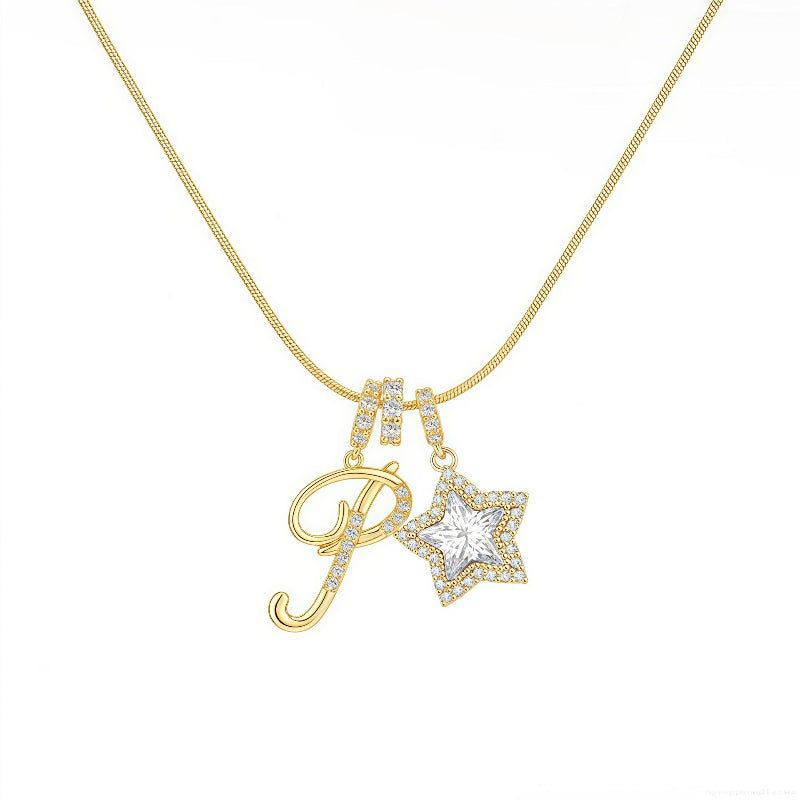 Cursive Initial Letter Diamond Star Pendant Necklace, 26‑Alphabet Snake Chain Necklace