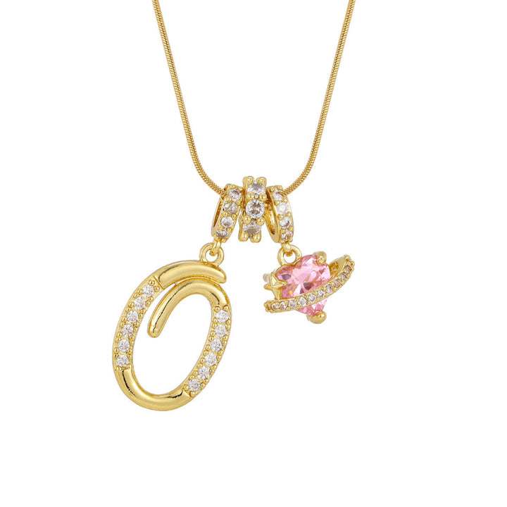 26 Letters Cursive Initial Pink Heart Planet Charm Gold Snake Chain Necklace