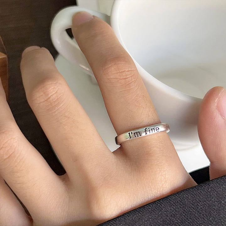 "I'm fine" Engraved Slim Open Ring, Vintage Two-Tone Stackable Text Statement Rings For Women