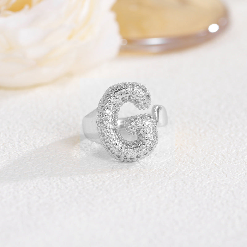 Adjustable Open Iced‑Out Initial Letter Diamond Ring, 26‑Alphabet Statement Unique Style Ring