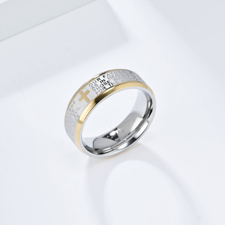 Men’s Cross Engraved Text Band Ring, Multi‑Color Edge Faith Style Ring
