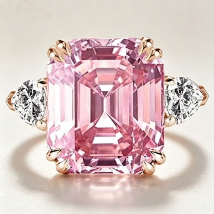 Emerald Cut Pink Gem Rose Gold Solitaire Ring, Side Teardrop Diamond Accent Band