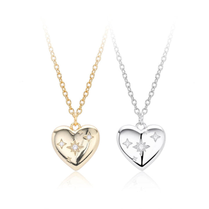 Star Engraved Puffy Heart Pendant Necklace, Dainty Celestial Collarbone Chain