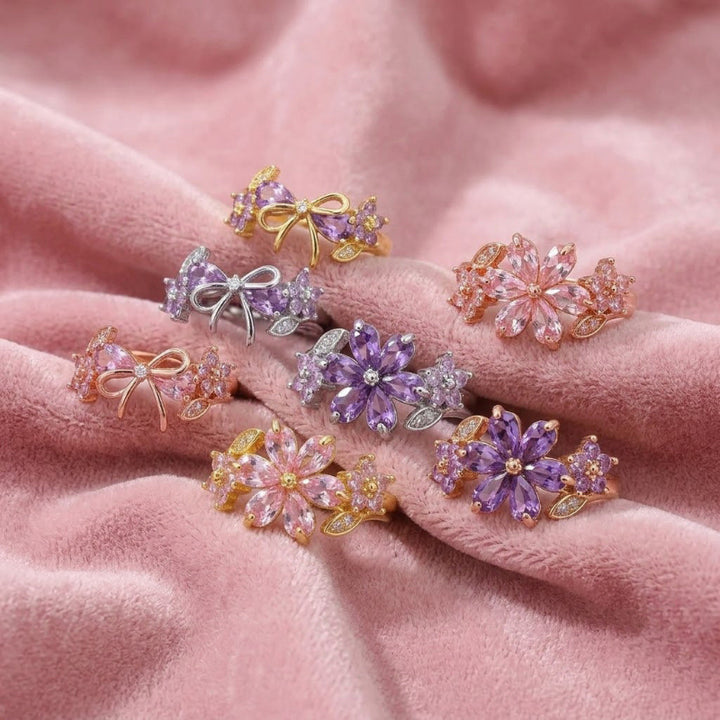 Floral & Bow Diamond Statement Rings, Tone Romantic Whimsical Adjustable open design