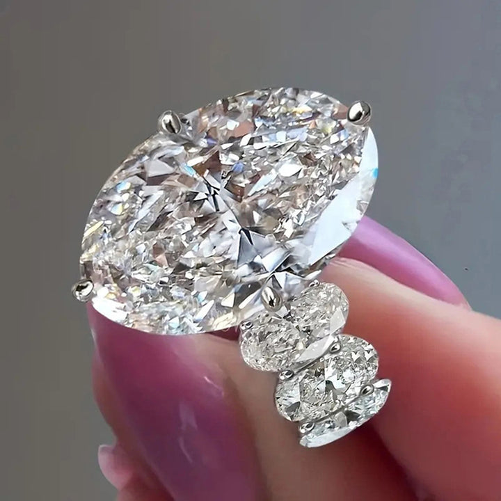 4 Prong Large Oval Diamond Double Cluster Side Stone Silver Engagement Statement Ring