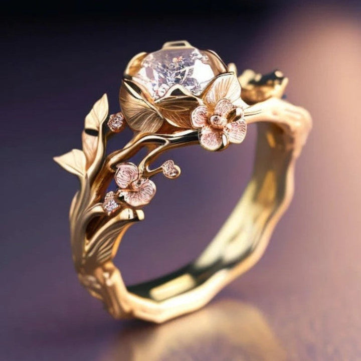 Vintage Branch Pink Diamonds Ring, Two-Tone Nature Inspired Art Nouveau Ring For Women