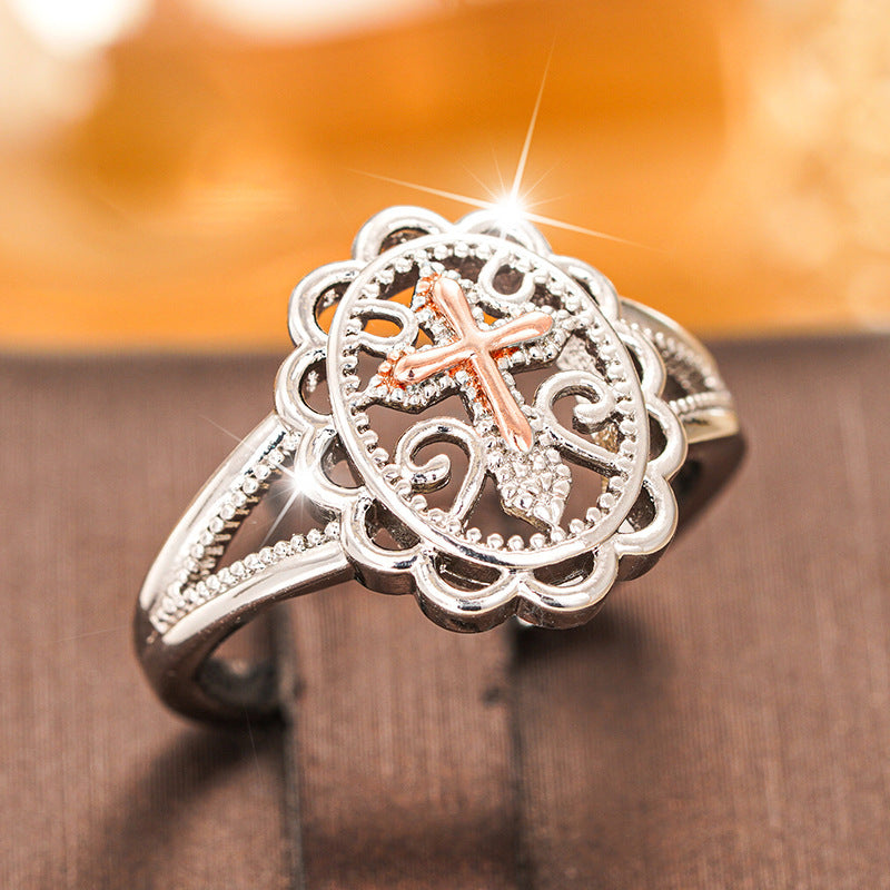Vintage Hollow Cross Statement Ring, Elegant Two Tone Design For Women Daily Wear Gift