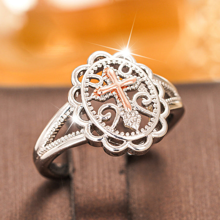 Vintage Hollow Cross Statement Ring, Elegant Two Tone Design For Women Daily Wear Gift