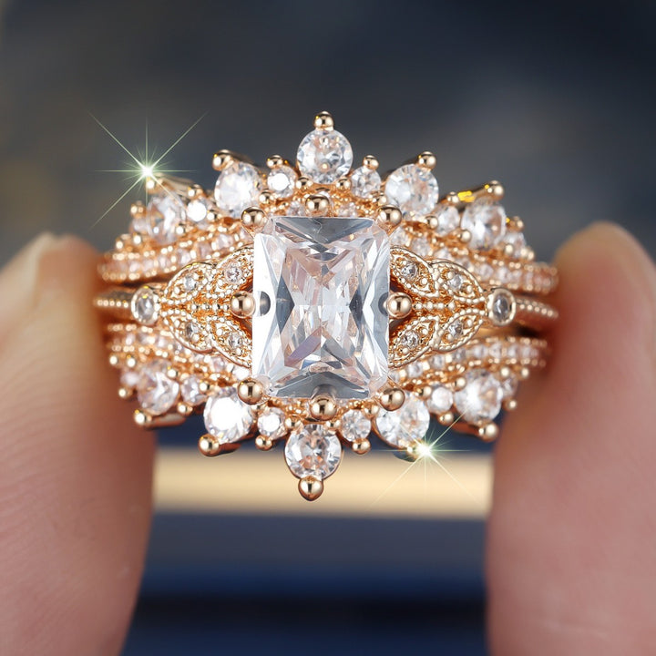 Radiant-Cut Champagne Gold and White Diamond V-Shaped Nesting Ring Set for Women