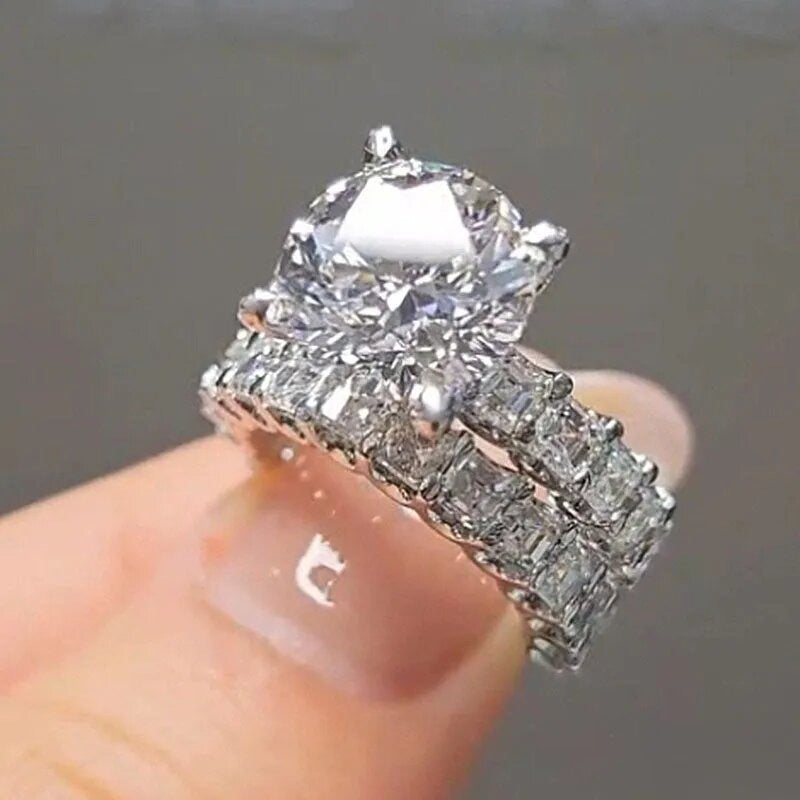 4 Prong Round Solitaire Double Row Baguette Split Shank Stackable Silver Bridal Wedding Ring