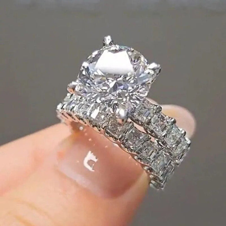 4 Prong Round Solitaire Double Row Baguette Split Shank Stackable Silver Bridal Wedding Ring