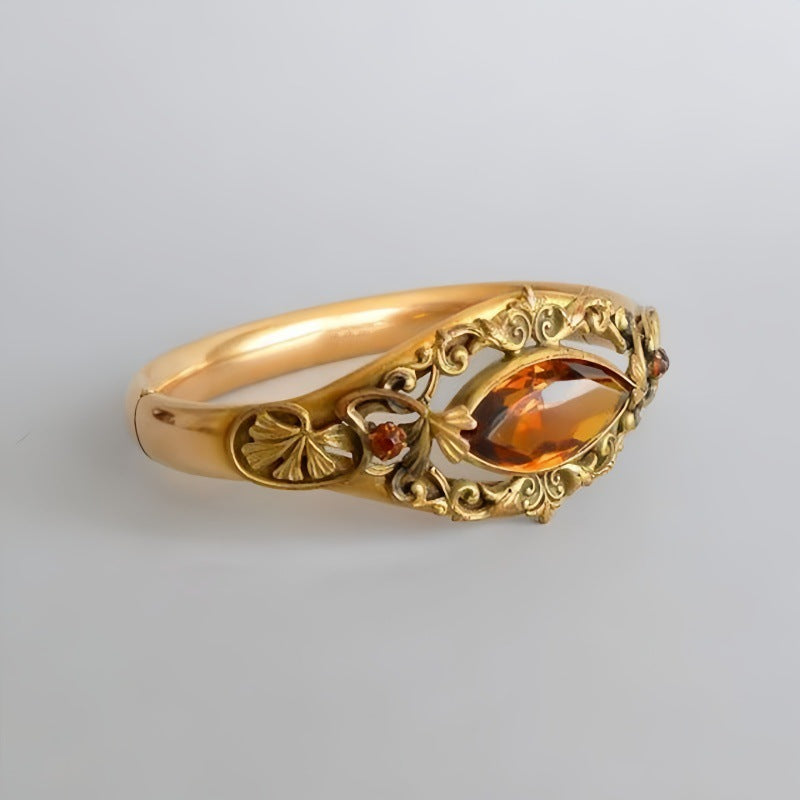 Vintage Ornate Open‑Work Gold Ring with Marquise‑Cut Amber Diamond Accents