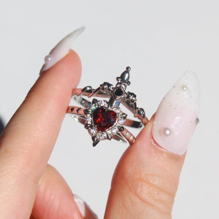 Gothic Heart Gem 2-in-1 Open Ring, Sword Design Twisted Band Rings, Dark Romantic Rings for Couple