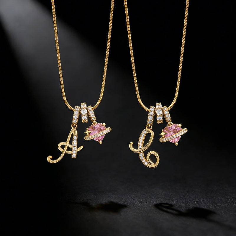 26 Letters Cursive Initial Pink Heart Planet Charm Gold Snake Chain Necklace