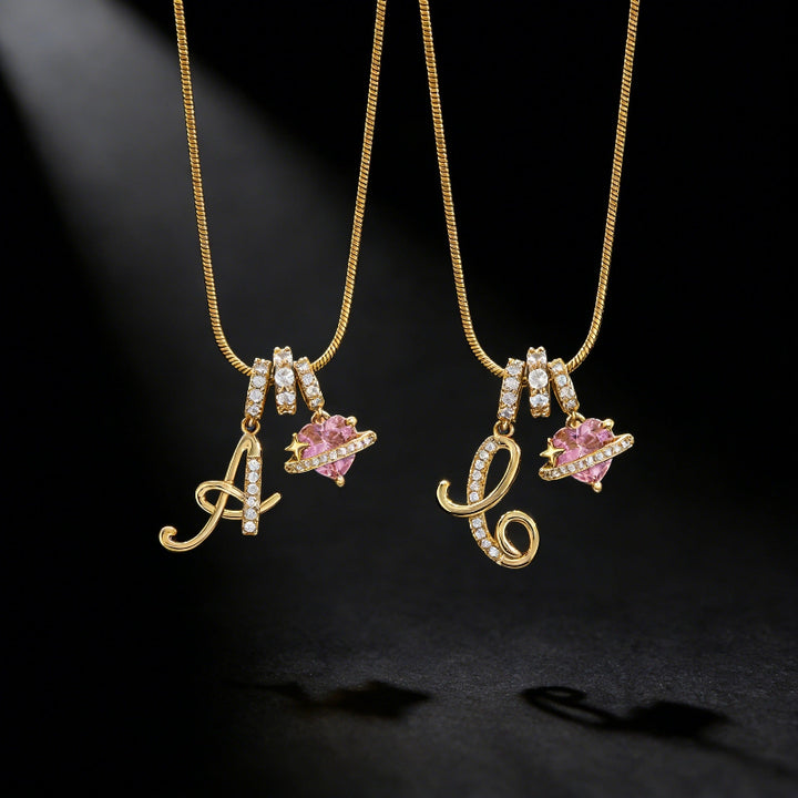 26 Letters Cursive Initial Pink Heart Planet Charm Gold Snake Chain Necklace