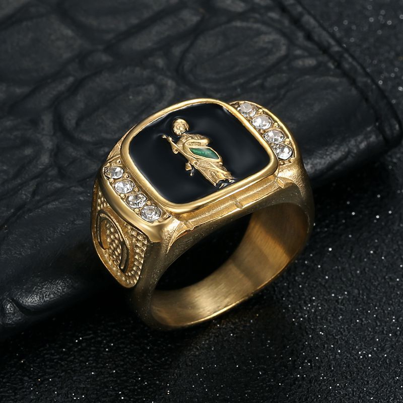 Vintage Enamel Embossed Figure Signet Ring with Side‑Set Diamonds, Men’s Statement Ring