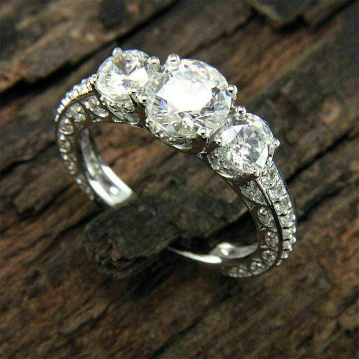 Three Stone Pave Diamonds Engagement Ring, Vintage Milgrain Promise Ring For Women