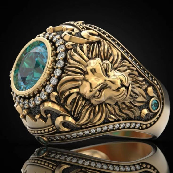 S925 &amp; 14K Lion‑Carved Gemstone Men’s Ring, Meaningful Gift For Him