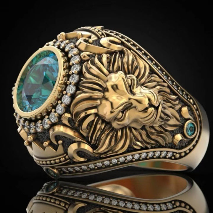 S925 &amp; 14K Lion‑Carved Gemstone Men’s Ring, Meaningful Gift For Him