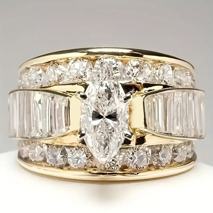 Marquise Cut Wide Band Ring, Multi-layer Paved Sparkling Statement Ring for Women