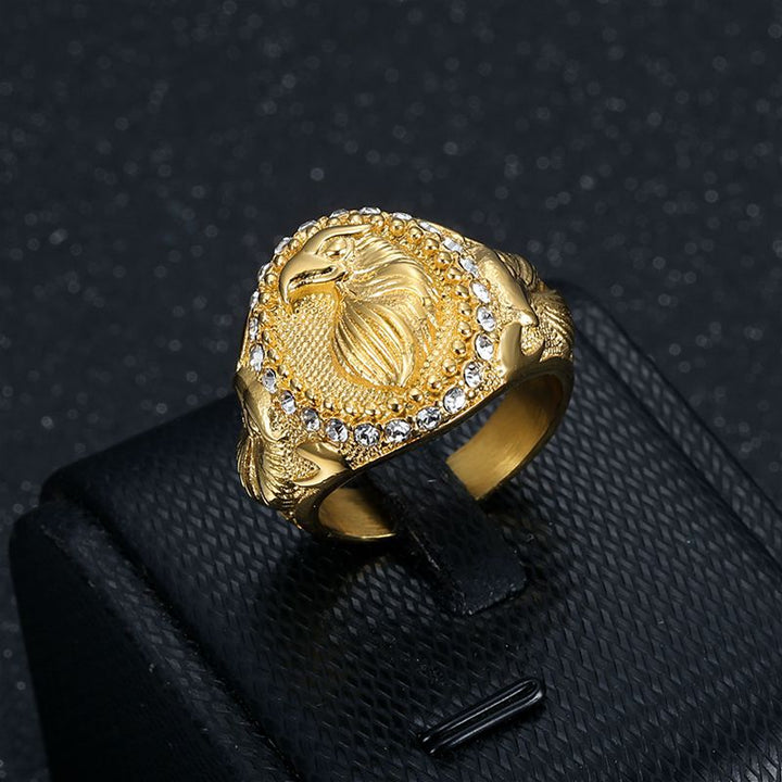 Carved Eagle Head Signet Ring, Pave‑Set Diamond Halo Men Statement Ring, Two Finish Options