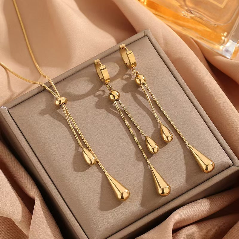 Teardrop Lariat Necklace & Huggie Drop Earring, 18K Gold Silver Minimal Water Drop