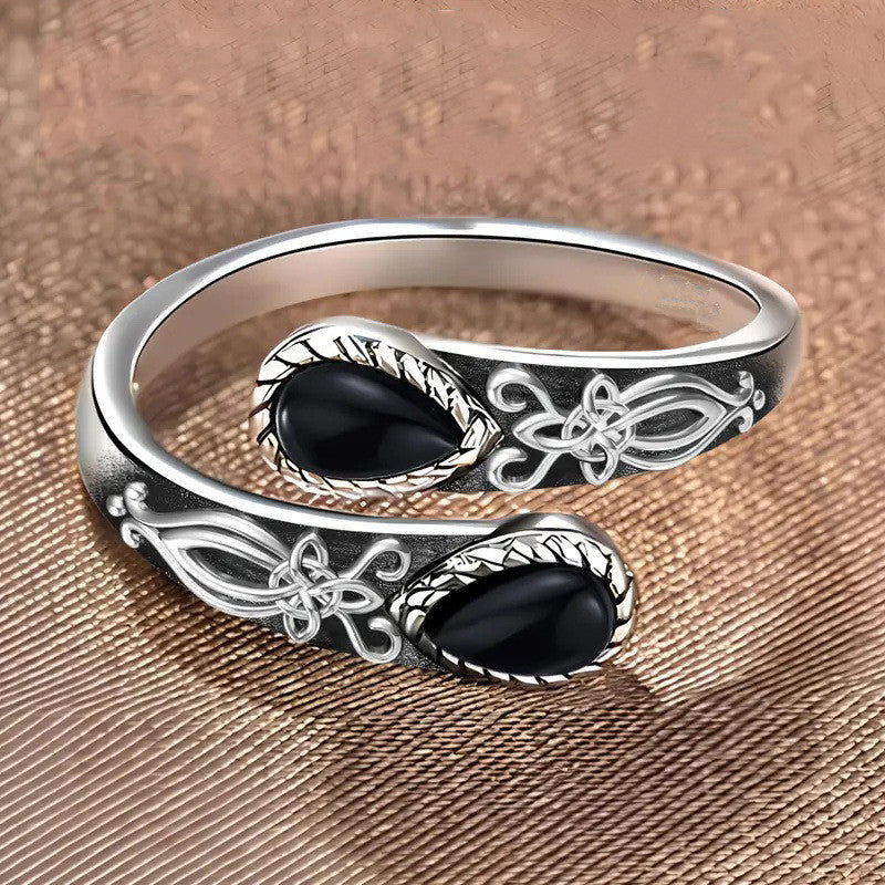 Vintage Flower Open Adjustable Teardrop Gemstone Ring