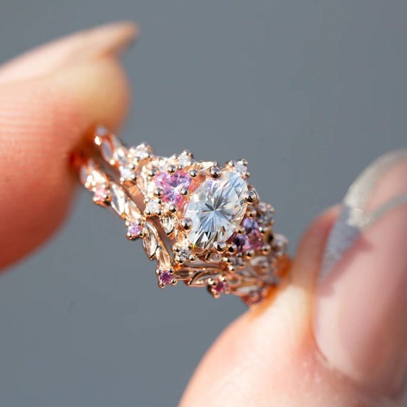 Rose Gold Floral Diamond Stackable Ring Set, Minimalist &amp; Stylish Ring