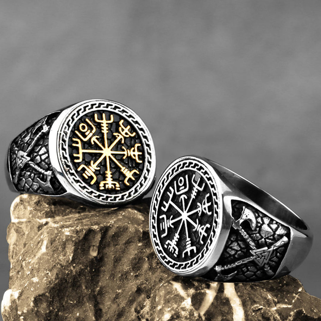 Vintage Viking Symbol Signet Ring, Norse Compass Pattern Statement Ring for Men Biker Jewelry