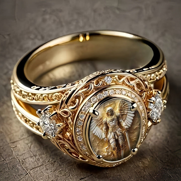 Vintage Archangel Michael Engraved Gold Ring, Ornate Filigree Diamond Statement Ring