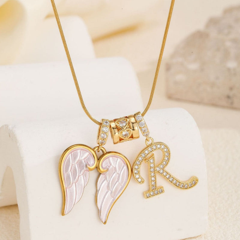 A-Z Diamond Initial Pink Enamel Angel Wing Pendant Necklace, 14K Women Coquette Romantic Stackable Jewelry